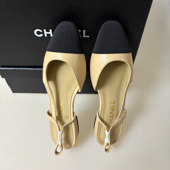 New Chanel Size 37 Goatskin Slingback Beige/Black Flat - Picture 1 of 5